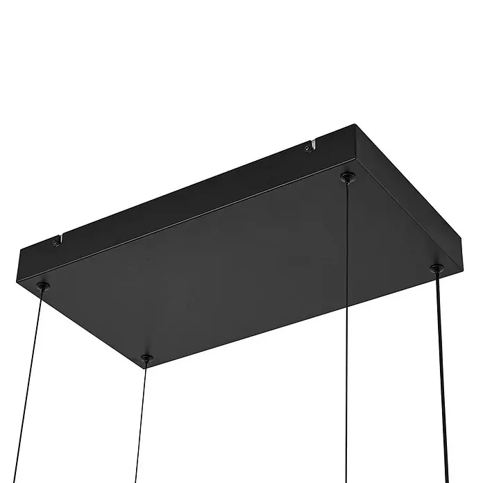 Lucande Pendelleuchte Estante - schwarz, Schwarz, weiß - Schwarze rechteckige Deckenplatte, aus der mehrere Kabel für Pendelleuchten austreten.