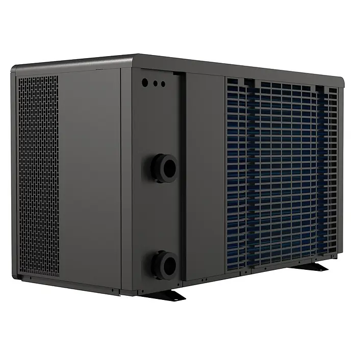 Aquark Wärmepumpe Mr. Oasis MORC110 Inverter - Heizleistung: 10,8 kW - Dunkelgraue Wärmepumpe mit seitlichen Gittern, blauen Spulen, zwei schwarzen runden Anschlüssen und drei kleinen Löchern.