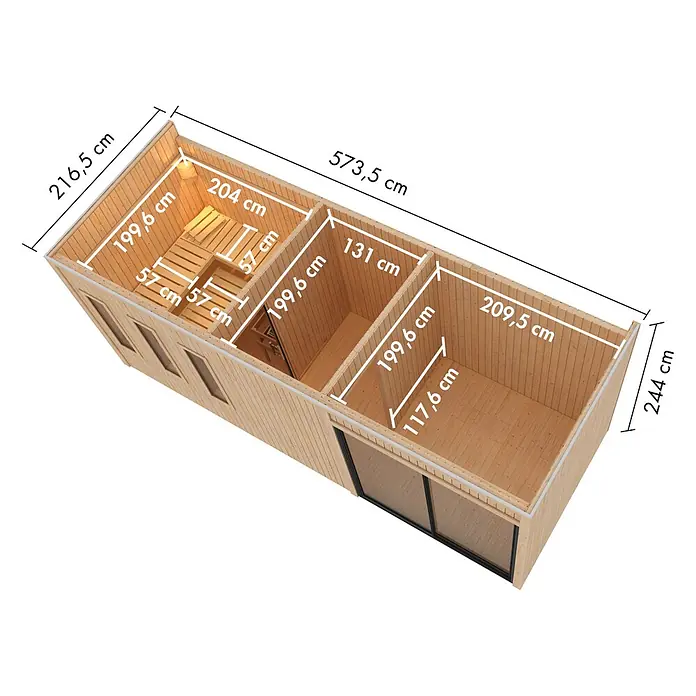 Karibu Saunahaus Monterey - L x B x H: 216,3 x 573,5 x 244,1 cm, Schwarz - Hölzernes Mehrraum-Hütteninterieur mit Saunabänken und detaillierten Maßen, das seinen Grundriss zeigt.