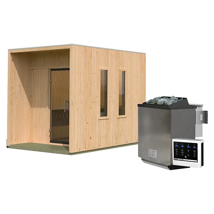 Karibu Saunahaus Laguna - L x B x H: 287,5 x 219,5 x 244 cm, Natur, 9 KW Bio Ofen mit externer Steuerung - Hölzerne Außensaunakabine mit Glastür und Fenstern, daneben ein Edelstahl-Saunaofen mit digitalem Bedienfeld.