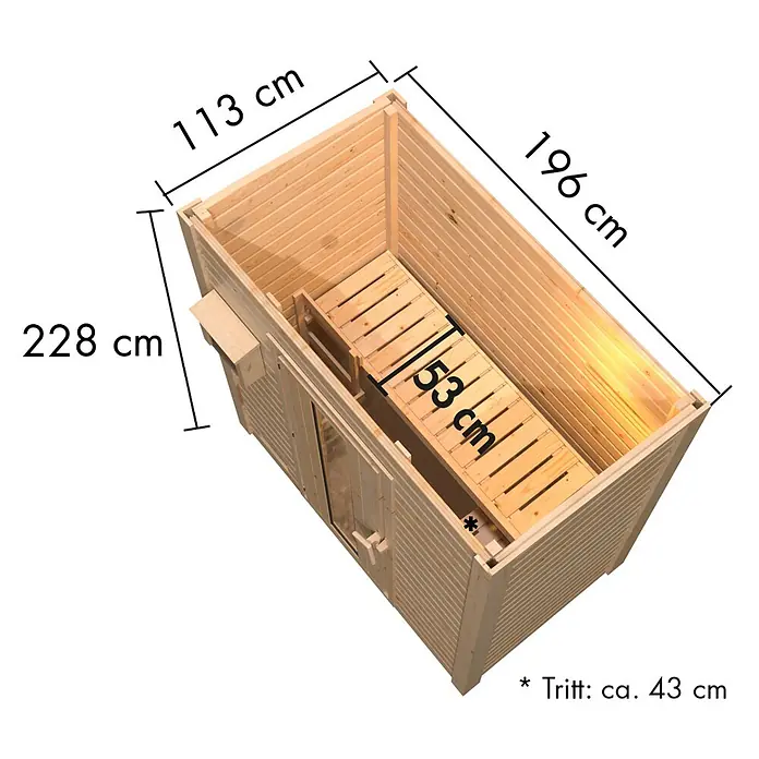 Karibu Saunahaus Hytti - 9 KW Bio-Ofen mit externer Steuerung, Terragrau, L x B x H: 113 x 196 x 228 cm - Helle Holzsaunakabine mit Sitzbank und Maßen: 228x113x196 cm (H/B/T). Sitzbank 53 cm breit.