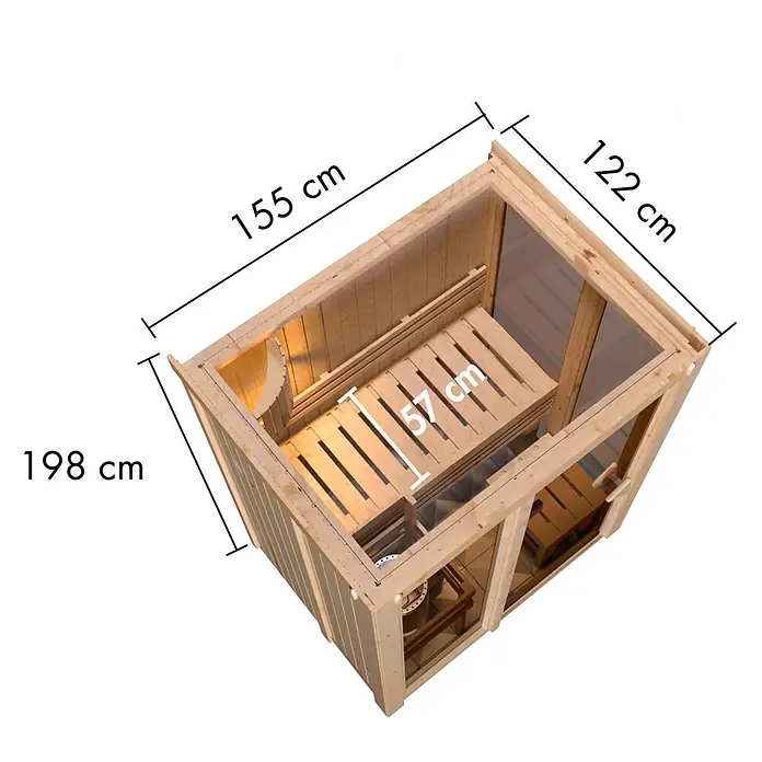 Karibu Elementsauna Balder - L x B x H: 122 x 155 x 198 cm, Plug & Play 3,6 KW Ofen mit interner Steuerung - Holzsaunakabine mit Glastür, Innenbänken und Maßangaben (198x155x122 cm).