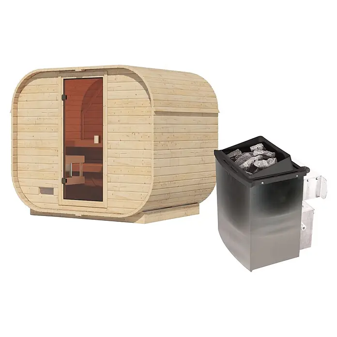 Karibu Saunahaus Skadi 1 Plus - 9 KW Ofen mit interner Steuerung, Natur, L x B x H: 385 x 225 x 205 cm - Fasssauna aus hellem Holz und ein metallischer Saunaofen mit Saunasteinen.