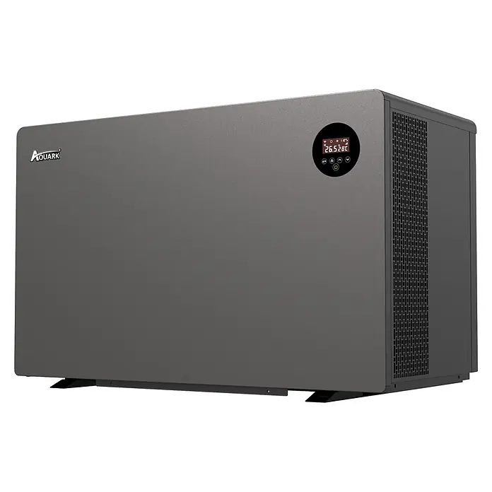 Aquark Wärmepumpe Mr. Oasis MORC110 Inverter - Heizleistung: 10,8 kW - Rechteckige, dunkelgraue Aquark Wärmepumpe mit Digitalanzeige und seitlichen Lüftungsschlitzen zum Heizen.