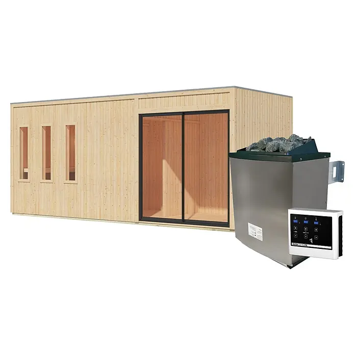 Karibu Saunahaus Monterey - L x B x H: 216,3 x 573,5 x 244,1 cm, Natur, 9 KW Ofen mit externer Steuerung - Eine helle modulare Saunakabine aus Holz mit Fenstern und Glastür, daneben ein Edelstahl-Saunaofen mit Bedienfeld und Steinen.