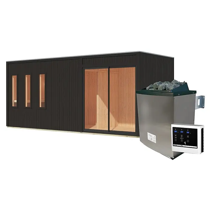 Karibu Saunahaus Monterey - L x B x H: 216,3 x 573,5 x 244,1 cm, Schwarz, 9 KW Ofen mit externer Steuerung - Eine moderne schwarze modulare Saunakabine mit Holzinterieur und ein elektrischer Saunaofen aus Edelstahl mit Steinen und digitalem Bedienfeld.