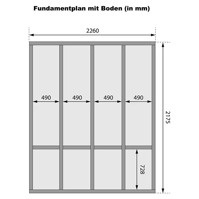 Karibu Saunahaus Heimdall - 9 KW Ofen mit interner Steuerung, Natur, L x B x H: 276 x 231 x 231,5 cm - Fundamentplan eines grauen modularen Rahmens, 2260x2175mm, mit vier vertikalen Abschnitten von je 490mm Breite und einer unteren Sektionshöhe von 728mm.