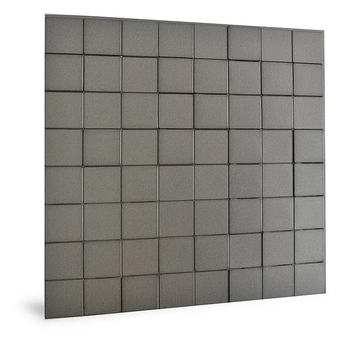 Profhome Wandpaneel 3D 705258 Harmony Cubes Smoked Gray Dekorpaneel glänzend grau 2,2 m2 - 610 x 600 mm - Dunkelgraues strukturiertes Wandpaneel, bestehend aus vielen kleinen quadratischen Fliesen.