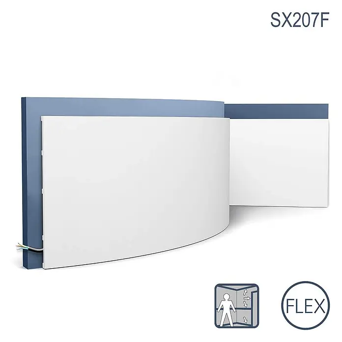 Orac Sockelleiste SX207F flexible Sockelleiste Fußleiste Wandpaneel Wandleiste 2 m - leicht, robust, extrem maßhaltig - Gebogenes, flexibles blau-weißes Elektroheiz- oder Lüftungspaneel mit sichtbarer Verkabelung.