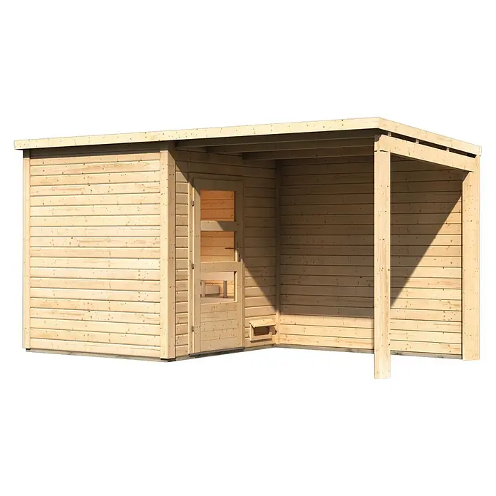 Karibu Saunahaus Vidar - 9 KW Ofen mit interner Steuerung, Natur, L x B x H: 196 x 196 x 227,5 cm - Helles Holzgartenhaus mit integriertem Anlehnschutz.