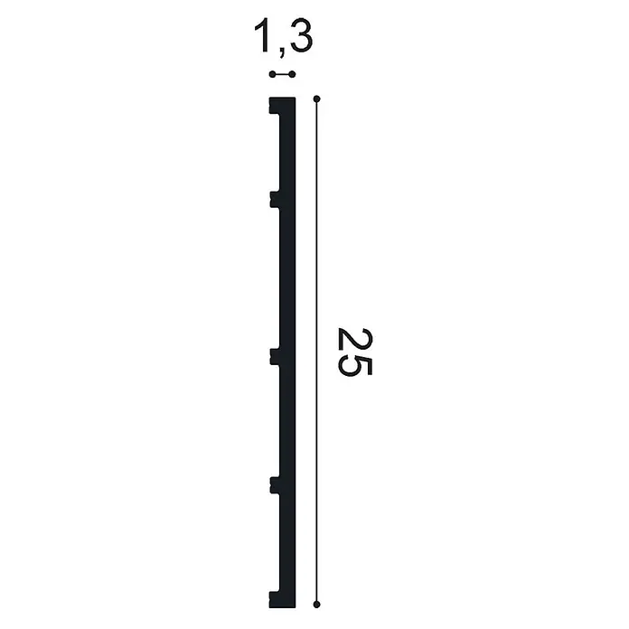 Orac Sockelleiste SX207F flexible Sockelleiste Fußleiste Wandpaneel Wandleiste 2 m - leicht, robust, extrem maßhaltig - Schwarzes Profil im Querschnitt mit Maßen 1,3 mm und 25 mm.