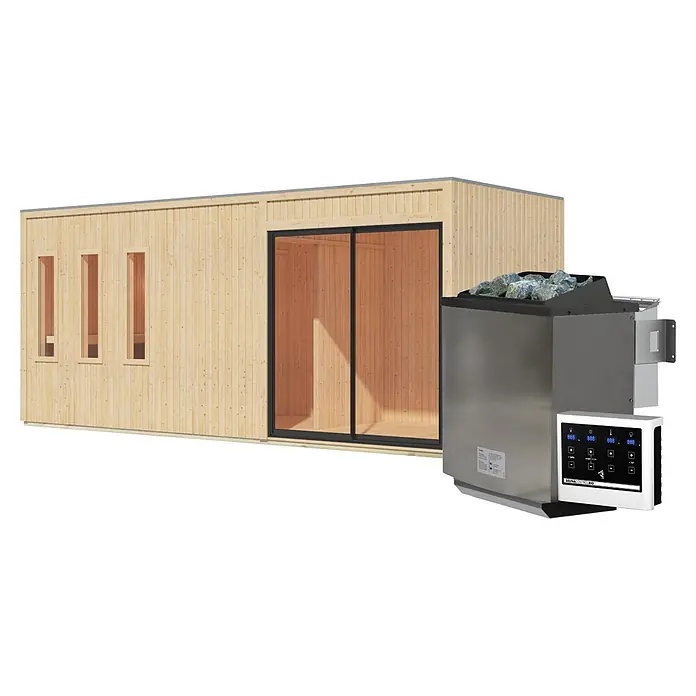 Karibu Saunahaus Monterey - L x B x H: 216,3 x 573,5 x 244,1 cm, Natur, 9 KW Bio Ofen mit externer Steuerung - Moderne Saunakabine aus hellem Holz mit drei Fenstern, Glasschiebetür und externem metallischem Saunaofen mit Steinen und weißem Bedienfeld.
