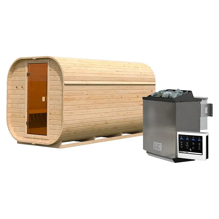 Karibu Saunahaus Quadro 3 - 9 KW Bio-Ofen mit externer Steuerung, Natur, L x B x H: 355 x 199 x 205 cm - Hölzerne Fasssauna mit separatem Metall-Saunaofen und digitalem Bedienfeld.