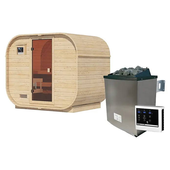 Karibu Saunahaus Quadro 1 Plus - 9 KW Ofen mit externer Steuerung, Natur, L x B x H: 385 x 225 x 205 cm - Helle Holzfasssauna mit Glastür und silberner Saunaofen mit Steinen und digitalem Bedienfeld.