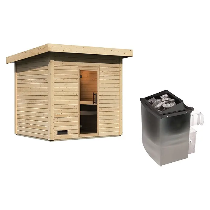 Karibu Saunahaus Kaapi 4 - 9 KW Ofen mit interner Steuerung, Natur, L x B x H: 196 x 231 x 238 cm - Helle Holz-Außensauna mit Glastür und separatem Edelstahl-Saunaofen, gefüllt mit dunklen Steinen.
