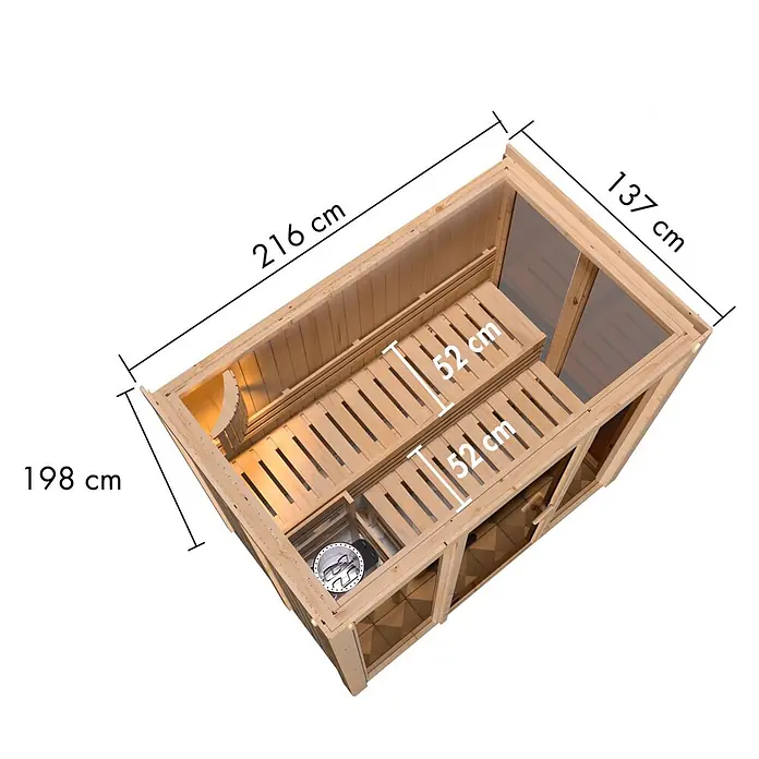 Karibu Elementsauna Balder - L x B x H: 138 x 216 x 198 cm, Plug & Play 3,6 KW Ofen mit interner Steuerung - Hölzerne Saunakabine mit Innenbänken und Maßen 216x137x198 cm.