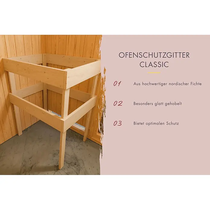 Karibu Elementsauna Njord - Ohne Ofen, Natur, L x B x H: 145 x 145 x 187 cm - Ofenschutzgitter aus heller nordischer Fichte, glatt gehobelt für Saunaschutz.