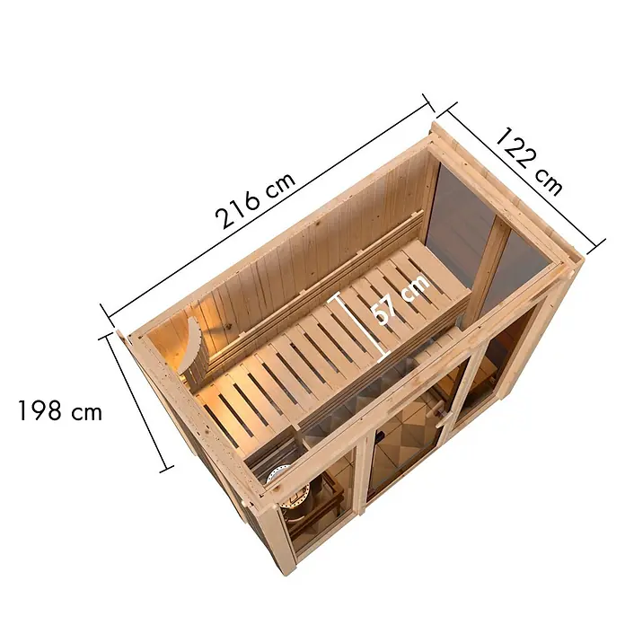 Karibu Elementsauna Balder - L x B x H: 122 x 216 x 198 cm, Plug & Play 3,6 KW Ofen mit interner Steuerung - Hölzerne Sauna mit Glastür, Maße: 216x122x198 cm, Sitzbank 57 cm breit.