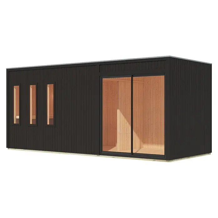 Karibu Saunahaus Monterey - L x B x H: 216,3 x 573,5 x 244,1 cm, Schwarz - Modernes schwarzes Modulgebäude mit vertikalen Holzpaneelen, drei Fenstern und großer Glasschiebetür zum hellen Holzinterieur.