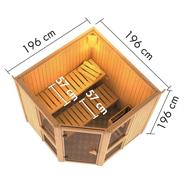 Karibu Elementsauna - L x B x H: 196 x 196 x 198 cm, Natur, Ohne Ofen - Ecksaunakabine aus Holz mit Glastür und Innenbänken, 196x196 cm, Bänke 57 cm breit.