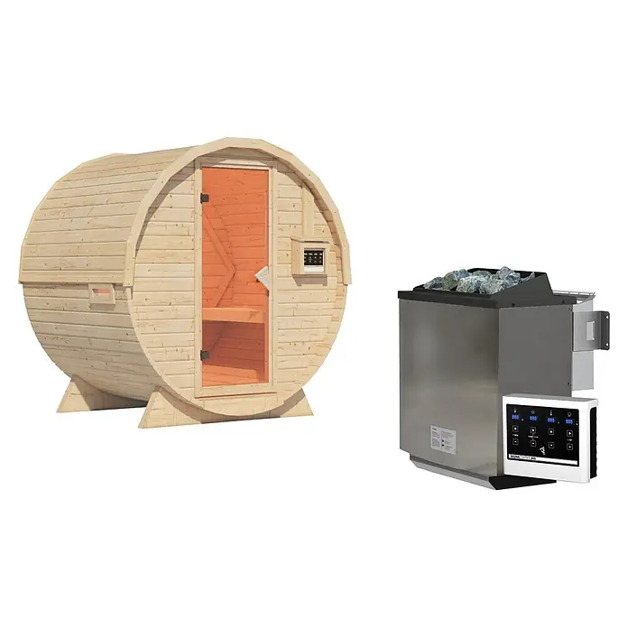 Karibu Fasssauna - 9 KW Bio-Ofen mit externer Steuerung, Natur, L x B x H: 175 x 225 x 229 cm - Hölzerne Fasssauna mit separatem Edelstahl-Saunaofen und digitalem Bedienfeld.