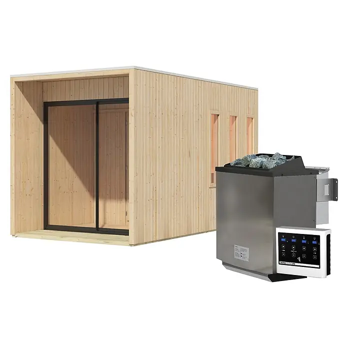 Karibu Saunahaus Miramar - L x B x H: 429 x 219,5 x 244 cm, Natur, 9 KW Bio Ofen mit externer Steuerung - Hölzerne Saunakabine mit Glastür und drei Fenstern, daneben ein Edelstahl-Saunaofen mit Bedienfeld und Steinen.