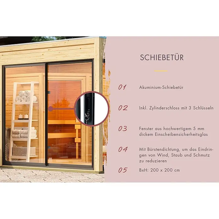 Karibu Saunahaus Miramar - L x B x H: 429 x 219,5 x 244 cm, Natur, Ohne Ofen - Aluminium-Schiebetür mit Sicherheitsglas und Zylinderschloss für eine Holzsauna, inklusive Bürstendichtung. 200x200 cm.