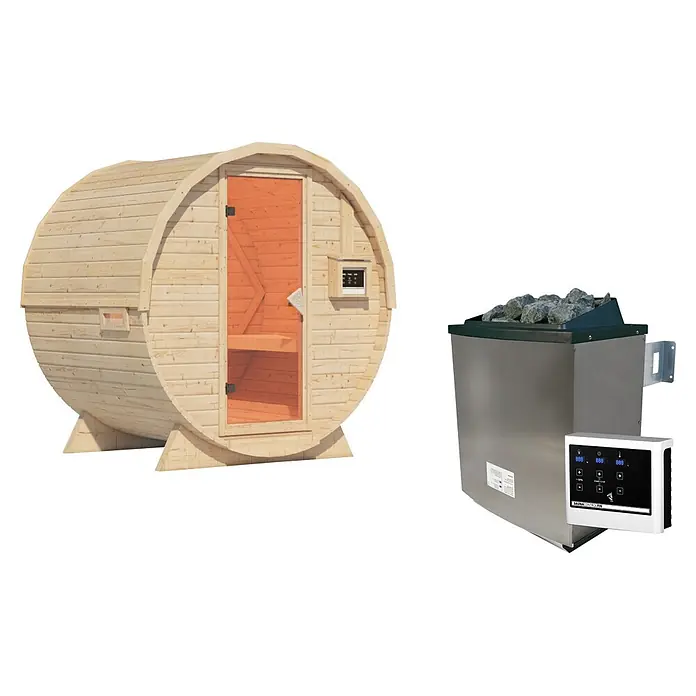 Karibu Fasssauna - 9 KW Ofen mit externer Steuerung, Natur, L x B x H: 175 x 225 x 229 cm - Helle Holzfasssauna mit Glastür, daneben ein Edelstahl-Saunaofen mit digitalem Bedienfeld.