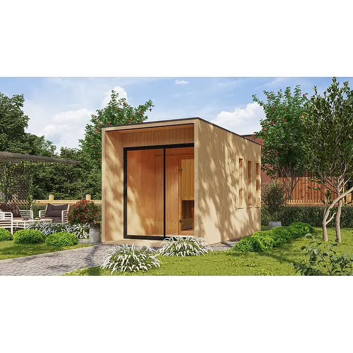 Karibu Saunahaus Miramar - L x B x H: 429 x 219,5 x 244 cm, Natur, Ohne Ofen - Moderne Außensaunakabine aus hellem Holz mit dunklem Glasrahmen, in einem Garten neben einem Terrassensitzbereich.