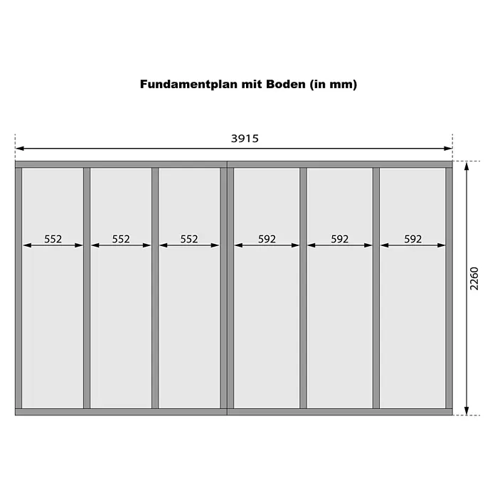 Karibu Saunahaus Hytti 6 - 9 KW Ofen mit externer Steuerung, Terragrau, L x B x H: 231 x 396 x 217 cm - Technischer Plan eines Fundaments mit Boden, zeigt sechs vertikale Abschnitte, Maße 3915x2260 mm.