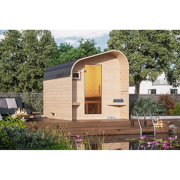 Karibu Saunahaus Quadro 1 Plus (9 KW Bio-Ofen mit externer Steuerung, Natur, L x B x H: 175 x 242,5 x 205 cm) | BAUHAUS
