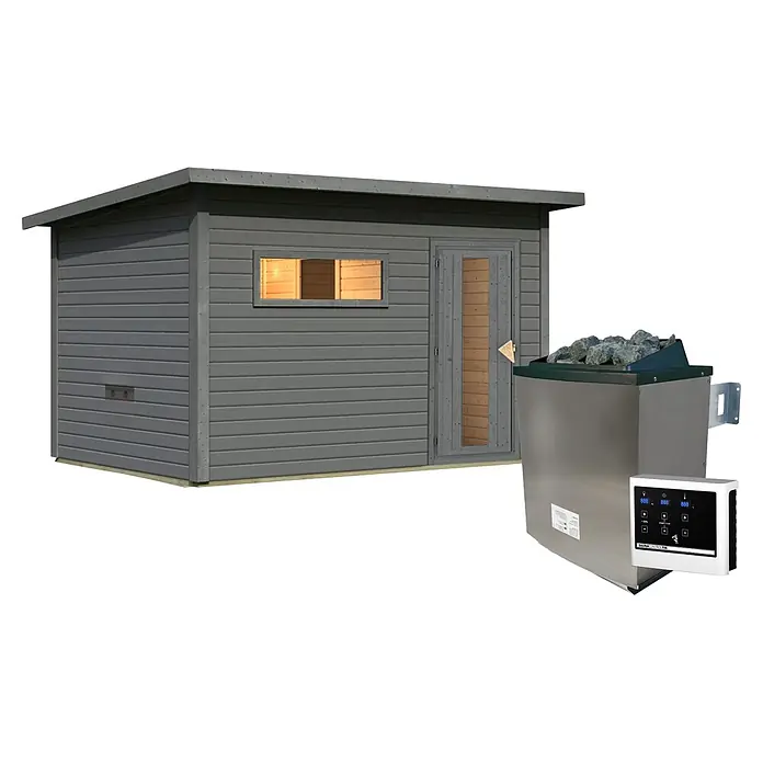 Karibu Saunahaus Hytti 6 - 9 KW Ofen mit externer Steuerung, Terragrau, L x B x H: 231 x 396 x 217 cm - Graue Holz-Außensauna mit Fenster und Tür, daneben ein Edelstahl-Saunaofen mit Steinen und digitalem Bedienfeld.