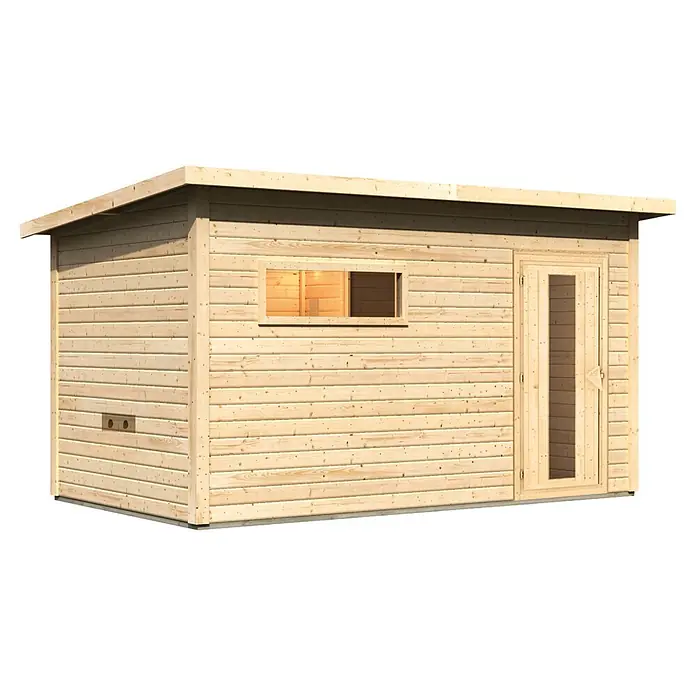 Karibu Saunahaus Hytti 6 - Ohne Ofen, Natur, L x B x H: 231 x 396 x 217 cm - Hellbraunes Holzgartenhaus mit Flachdach, Fenster und Tür.