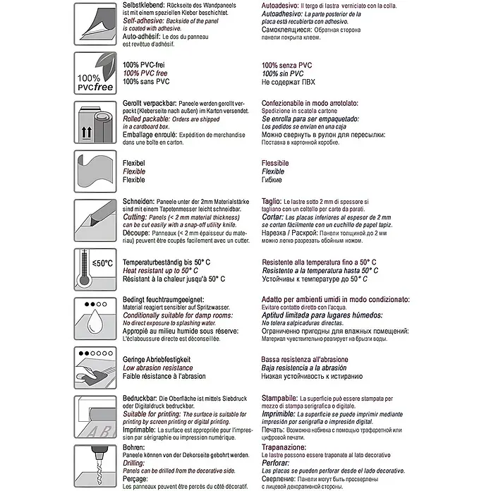 Wallface Wandpaneel 27379 M-Style Platte Wand-paneel Metall Fliesen Dekor silber 0,96 qm - 980 x 980 mm - Produktmerkmale-Übersicht mit Symbolen und mehrsprachigen Beschreibungen.
