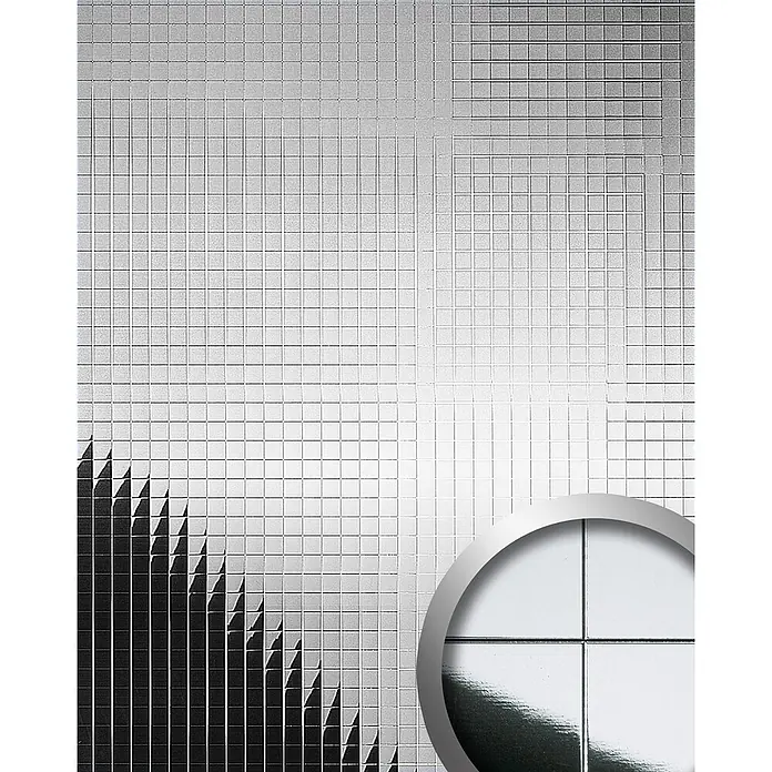 Wallface Wandpaneel 27379 M-Style Platte Wand-paneel Metall Fliesen Dekor silber 0,96 qm - 980 x 980 mm - Reflektierende silberne quadratische Rasterplatte mit dunklem Diagonalmuster und einer kreisförmigen Vergrößerungsansicht.