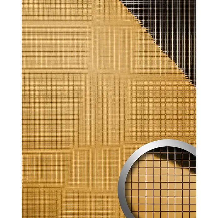Wallface Wandpaneel 27373 M-Style Design Platte Wand-paneel Mosaik Dekor glanz gold 0,96 qm - 980 x 980 mm - Texturierte goldene Gitteroberfläche mit vergrößertem Detail.