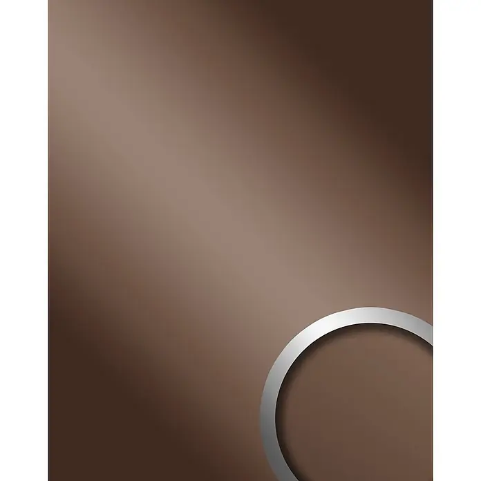 Wallface Wandpaneel 10150 DECO BROWN Wandpaneel Spiegel Dekor Glanz Paneel braun 2,60 qm - 2.600 x 1.000 mm - Silberner Ring mit Schatten auf braunem Farbverlaufshintergrund.