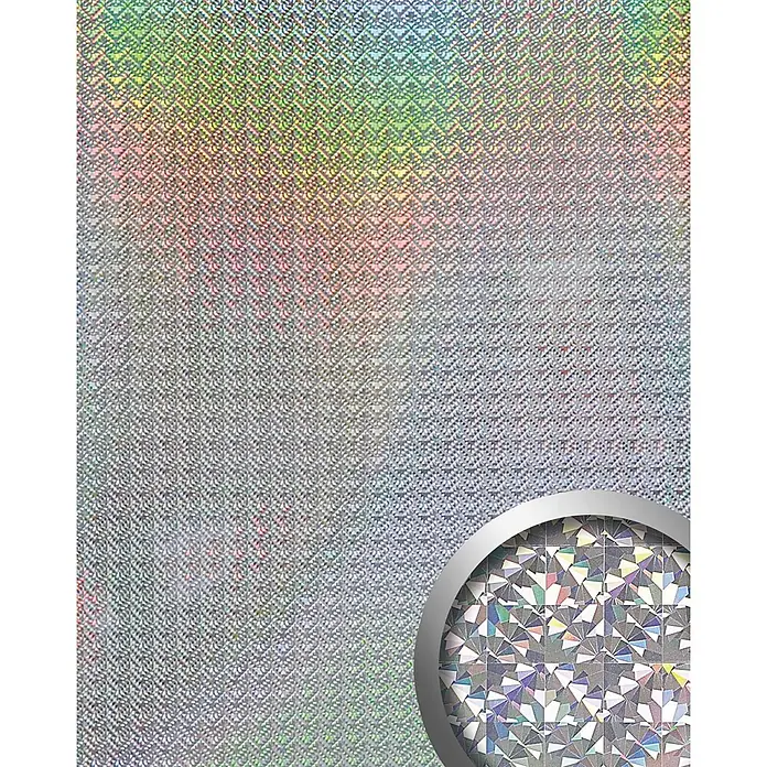 Wallface Wandpaneel 10175 DECO GALAXY Wandpaneel Metall-Dekor Mosaik Design silber 2,60 qm - 2.600 x 1.000 mm - Holografische Folie mit sich wiederholendem Rautenmuster aus winzigen irisierenden Facetten in Regenbogenfarben schimmernd.