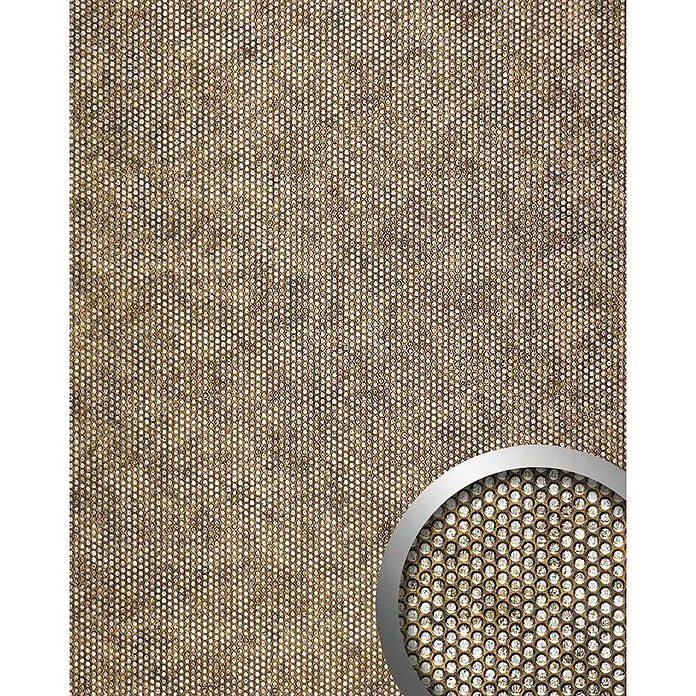 Wallface Wandpaneel 17243 RACE Wandpaneel Design Platte 3D Runddekor bronze silber 2,60 qm - bronze, 2.600 x 1.000 mm - Goldbraune, perforierte Netzstruktur mit kleinen weißen Öffnungen.