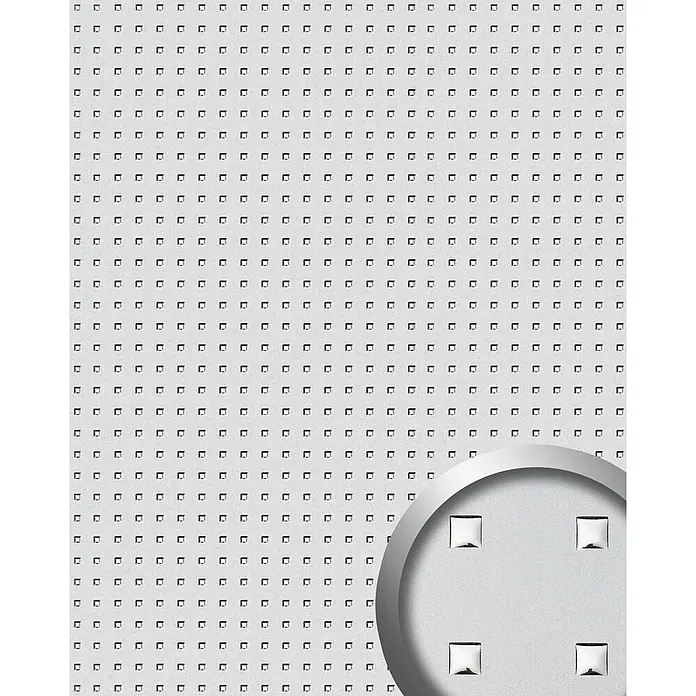 Wallface Wandpaneel 10053 3D QUAD Wandpaneel Quadrat Dekor Design silber 2,60 qm - 2.600 x 1.000 mm - Graue Lochblechplatte mit zahlreichen kleinen quadratischen Löchern, detailliert mit einer vergrößerten Ansicht.