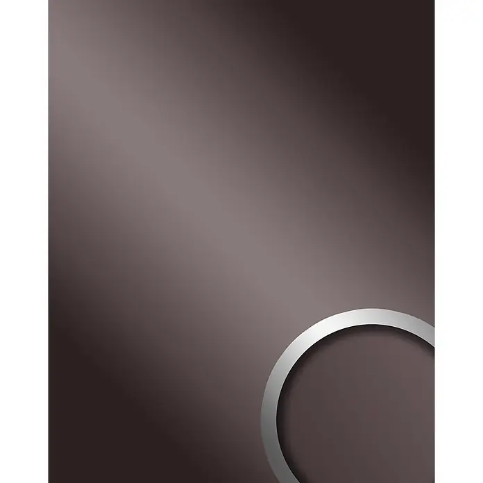 Wallface Wandpaneel 10125 DECO ANTHRACITE Wandpaneel Spiegel Dekor Optik anthrazit 2,60 qm - 2.600 x 1.000 mm - Ein silberner Metallring, teilweise sichtbar unten rechts vor einem braun-grauen Farbverlaufhintergrund.