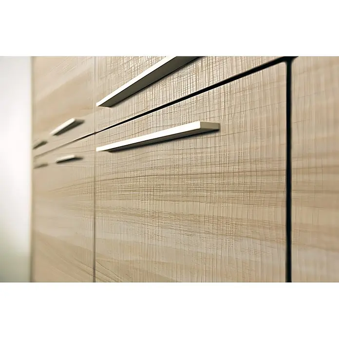 Wallface Wandpaneel 19029 MAPLE ALPINE Wandpaneel Holz Optik Ahorn Dekor hellbraun 2,60 qm - hell-braun, 2.600 x 1.000 mm - Moderne helle Holzschränke mit Kreuzschraffur-Textur und minimalistischen, linearen Griffen.