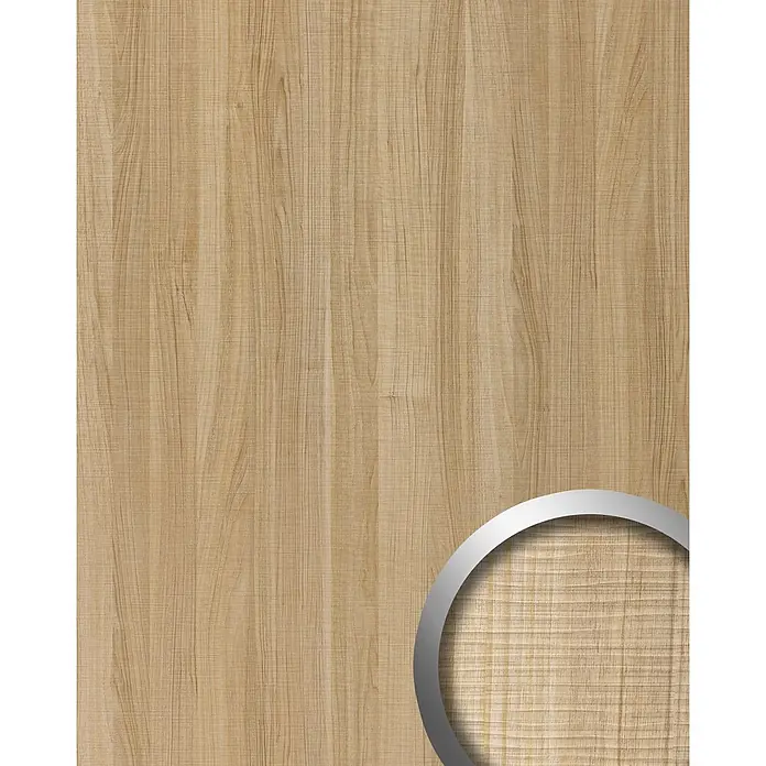 Wallface Wandpaneel 19029 MAPLE ALPINE Wandpaneel Holz Optik Ahorn Dekor hellbraun 2,60 qm - hell-braun, 2.600 x 1.000 mm - Helles Naturholzmaserungsmuster, das feine Textur und vertikale Linien zeigt.