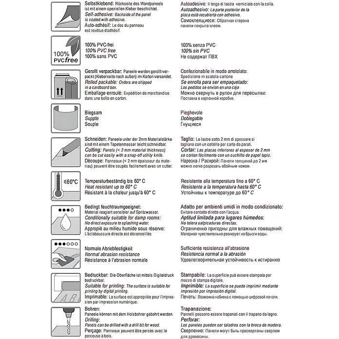Wallface Wandpaneel 19523 CRASHED Old Platin Wandpaneel in Metall-Optik matt platin 2,6 m2 - 2.600 x 1.000 mm - Icons und Texte beschreiben Produktmerkmale in mehreren Sprachen.