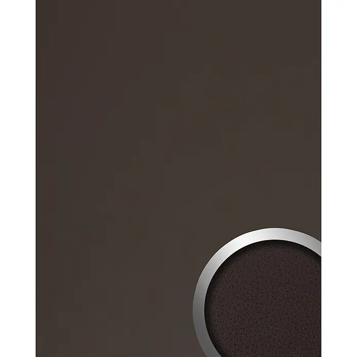 Wallface Wandpaneel 19025 LONDON CLAY Wandpaneel in Leder Optik matt braun 2,6 m2 - grau-braun, 2.600 x 1.000 mm - Teilansicht eines dunkelbraunen texturierten Kreises mit silbernem Metallrahmen.