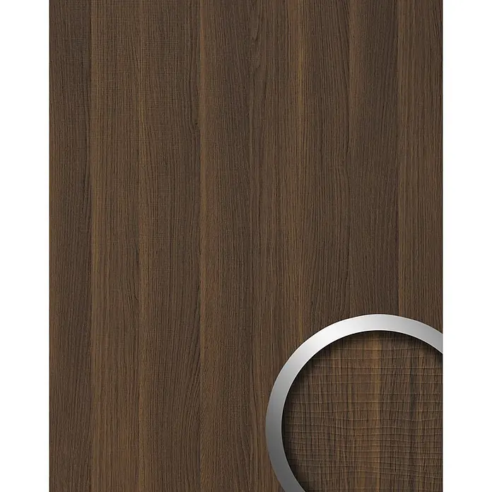 Wallface Wandpaneel 25159 NUTWOOD Wandpaneel Holz Optik Nussbau Dekor dunkelbraun 2,60 qm - dunkel-braun, 2.600 x 1.000 mm - Dunkelbraunes Holzpaneel mit deutlicher vertikaler Maserung und einem silbernen Ring, der ein vergrößertes Detail zeigt.