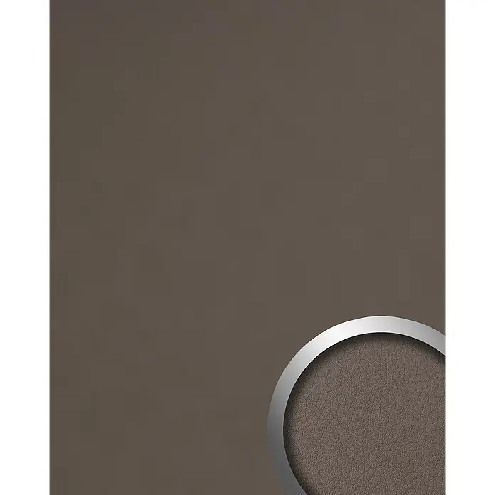 Wallface Wandpaneel 19769-NA Antigrav Dove Tale Wandpaneel in Leder Optik matt braun 2,6 m2 - grau-beige, 2.600 x 1.000 mm - Strukturiertes dunkelbraunes Leder-Muster mit silbernem Metallrahmen.