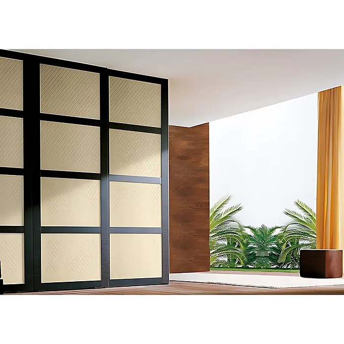 Wallface Wandpaneel 31754 ROMBO Wandpaneel Leder Design Muster Wandplatte creme 2,60 qm -  - Schiebetürenschrank mit schwarzen Rahmen, beigen Paneelen mit diagonalen Mustern und Palmenblick.