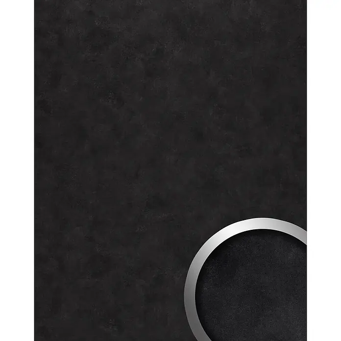 Wallface Wandpaneel 19336 CLASSY BLACK Dekorpaneel im Vintage Look glänzend schwarz 2,6 m2 - schwarz-grau, 2.600 x 1.000 mm - Metallischer Silberring teilweise sichtbar auf dunklem, strukturiertem Hintergrund.