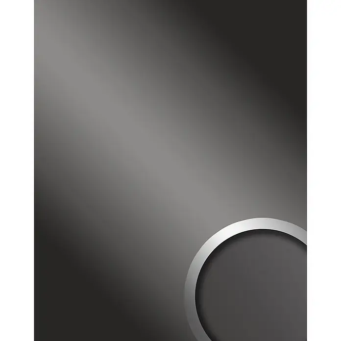 Wallface Wandpaneel 13810 DECO FASHION Wandpaneel Spiegel Design Wandplatte grau 2,60 qm - 2.600 x 1.000 mm - Dunkelgraues Kreiselement mit silbernem Metallrand.